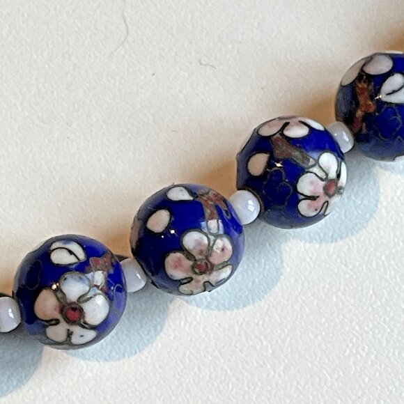 Vintage Cobalt Floral Millefiori Venetian Glass Bead Necklace Murano Vibes 17" - Picture 4 of 6